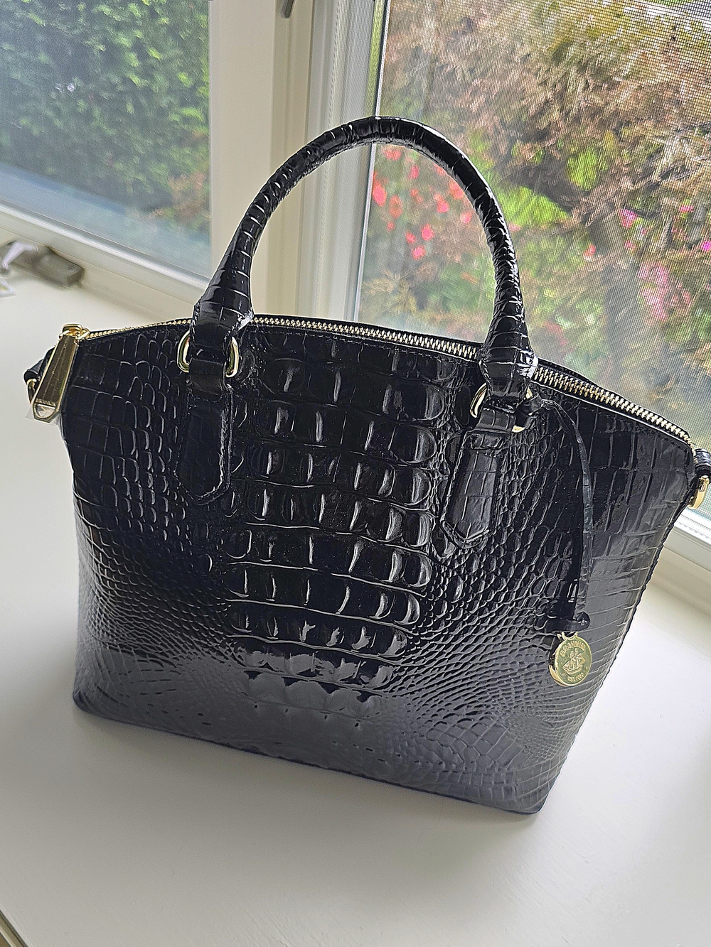 Brahmin Glossy Black Croc-Embossed Patent Satchel